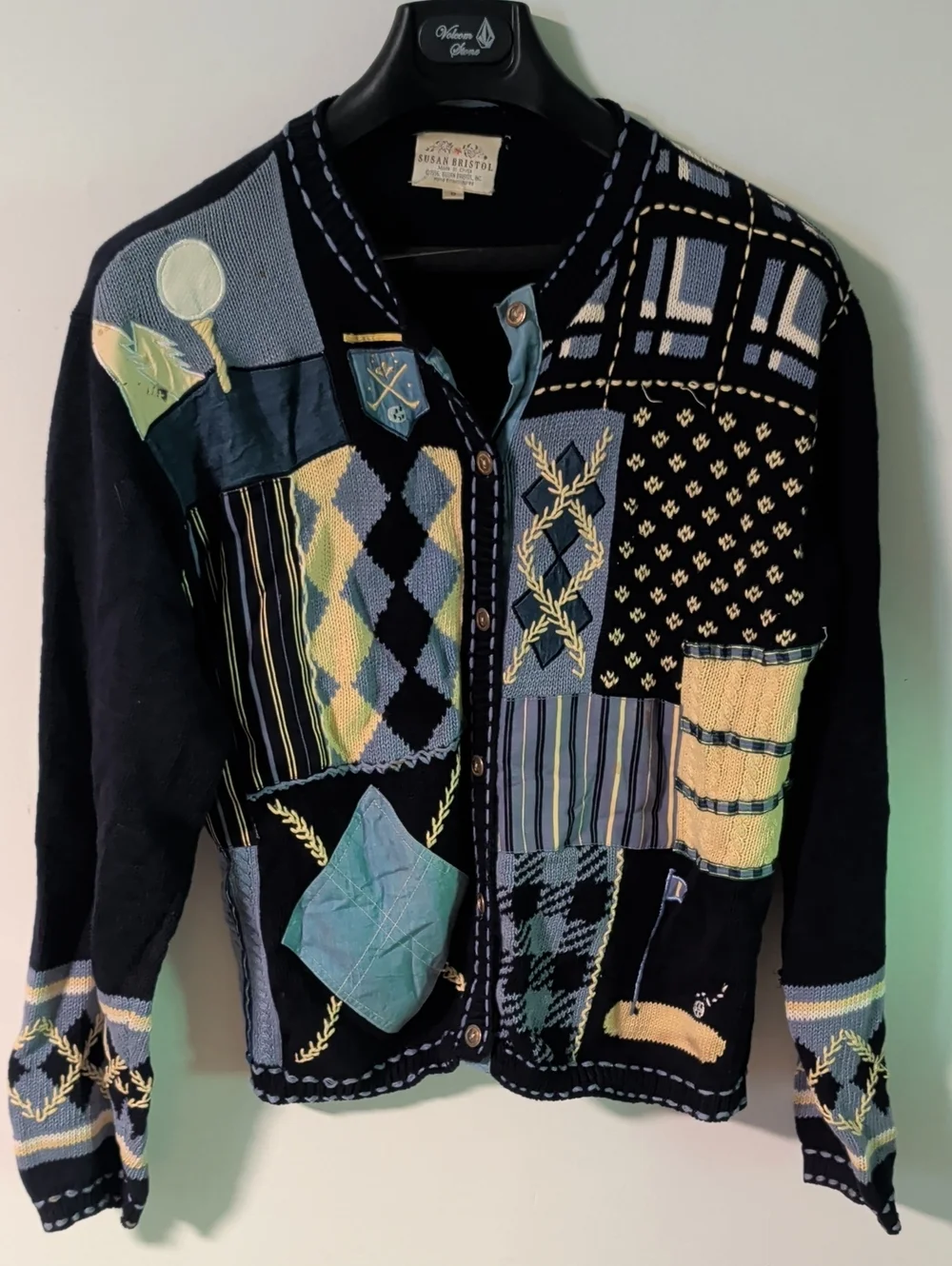 Susan Bristol Navy, Light Blue & Yellow Patchwork Cardigan Golf